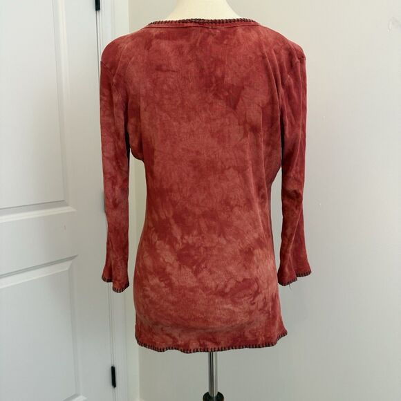 Me & Ko Red Tie Dye Henley Top Large Boho Ribbed Cotton USA Made Retro 60s - Picture 5 of 11